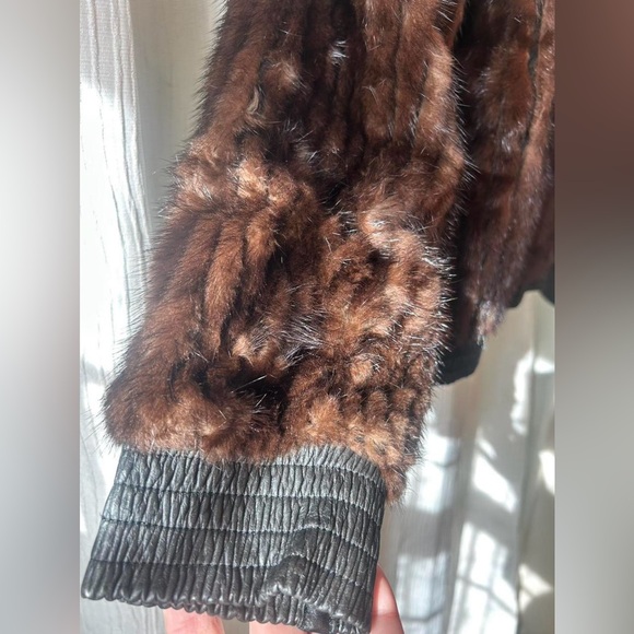 Vintage Scandinavian Mink Fur Bomber Jacket Brown Zip Leather Waist S/M - Picture 6 of 9